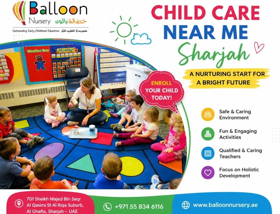Children sitting in a colorful classroom activity circle with a teacher at Balloon Nursery for child care services in Sharjah UAE