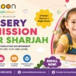 Balloon Nursery admission near Sharjah banner with happy child, early learning activities, and contact details for nursery admissions in Sharjah UAE.