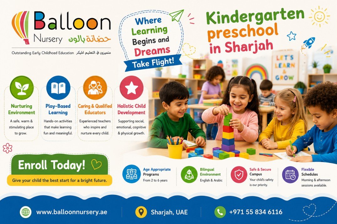 Colorful kindergarten preschool poster for Balloon Nursery in Sharjah featuring happy children in a classroom, playful learning environment