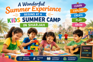 Happy children enjoying activities at a kids summer camp in Sharjah