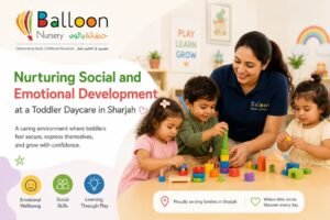 Teacher engaging with toddlers in a playful learning activity at Balloon Nursery in Sharjah, supporting social and emotional development through interactive play.