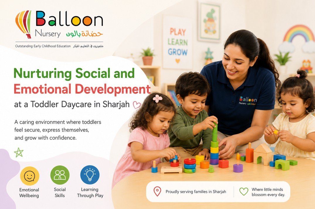 Teacher engaging with toddlers in a playful learning activity at Balloon Nursery in Sharjah, supporting social and emotional development through interactive play.