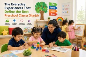 Young children participating in creative learning activities with a teacher in a bright preschool classroom,