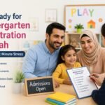 Parents completing kindergarten registration Sharjah for their child at a modern nursery school