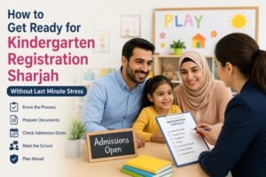 Parents completing kindergarten registration Sharjah for their child at a modern nursery school