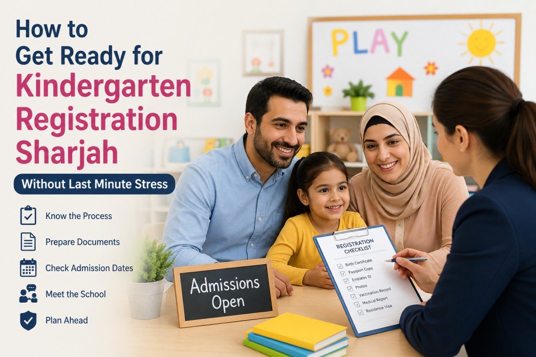 Parents completing kindergarten registration Sharjah for their child at a modern nursery school